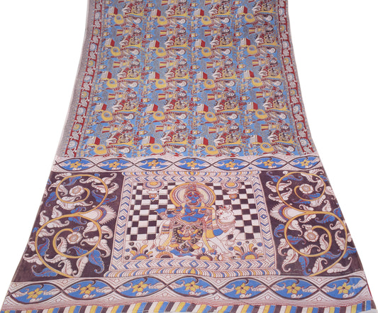 Sushila Vintage Hand Printed Kalamkari Scrap Saree Pure Cotton Blue Sari Craft Fabric