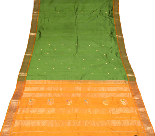Sushila Vintage Pure Silk Scrap Saree Gold Zari Brocade Green Sari Craft Fabric