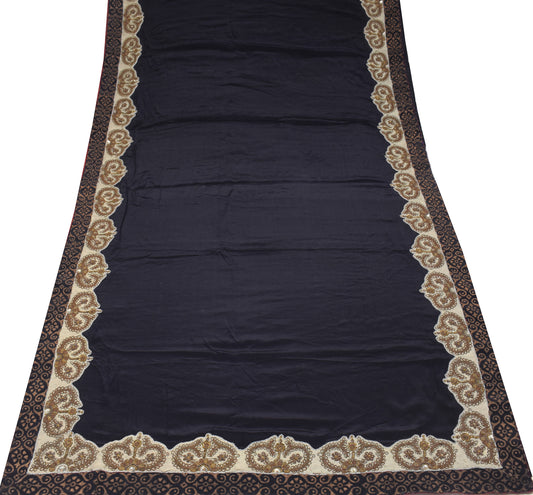 Sushila Vintage Pure Crepe Scrap Saree Zardozi Work Black Sari Craft Fabric