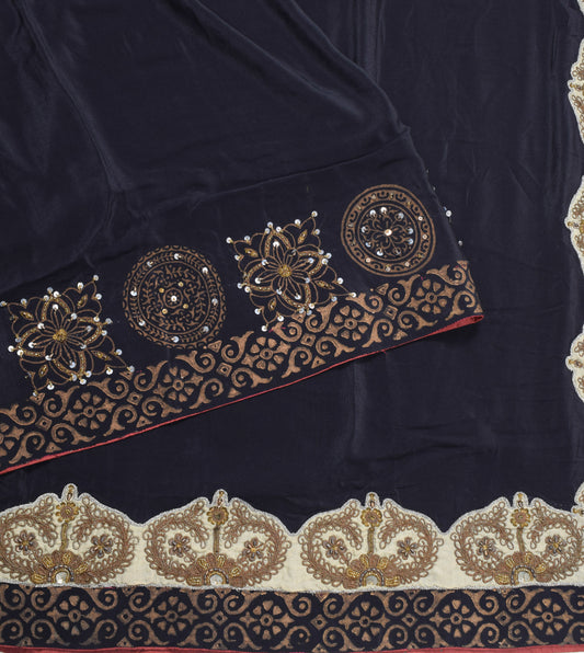 Sushila Vintage Pure Crepe Scrap Saree Zardozi Work Black Sari Craft Fabric