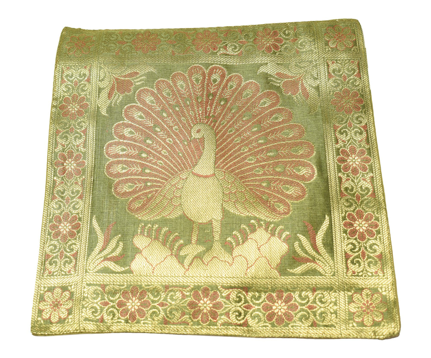 Henna Green Art Silk Zari Brocade Woven Table Mat Multi Purpose Fabric Decor
