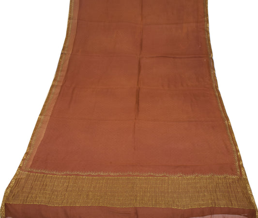 Sushila Vintage Brown Scrap Saree Pure Chiffon Printed Floral Sari Craft Fabric