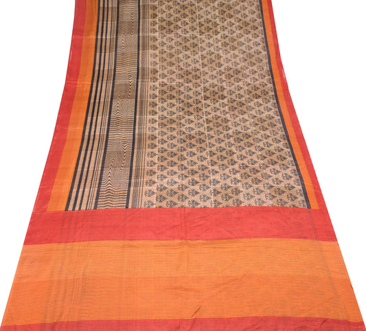 Sushila Vintage 100% Pure Silk Scrap Saree Brown Floral Printed Sari Craft Fabric