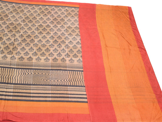 Sushila Vintage 100% Pure Silk Scrap Saree Brown Floral Printed Sari Craft Fabric