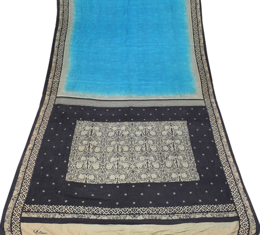 Sushila Vintage Pure Silk Scrap Saree Printed Floral BRANDED Blue Sari Craft Fabric