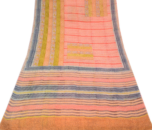 Sushila Vintage Pure Georgette Scrap Saree Multi-Color Block Print Sari Craft Fabric