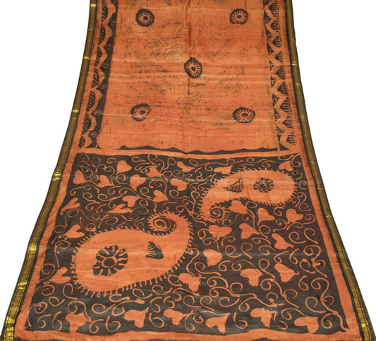 Sushila Vintage Batik Printed Scrap Saree Brown Pure Silk Sari 6YD Craft Fabric