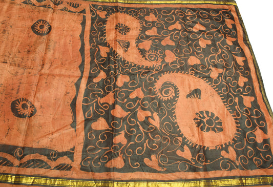 Sushila Vintage Batik Printed Scrap Saree Brown Pure Silk Sari 6YD Craft Fabric