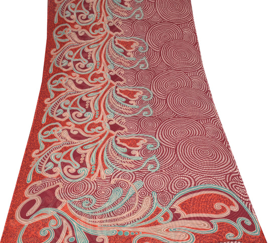Sushila Vintage Maroon Scrap Saree Pure Georgette Printed Sari Craft Fabric