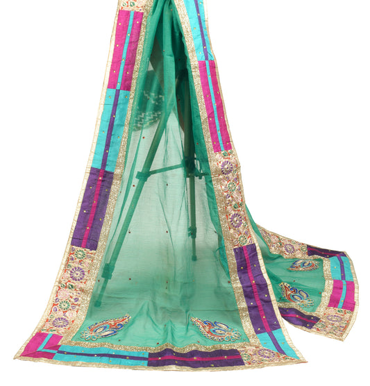 Sushila Vintage Green Art Silk Scrap Dupatta Applique & Patch Work Long Stole