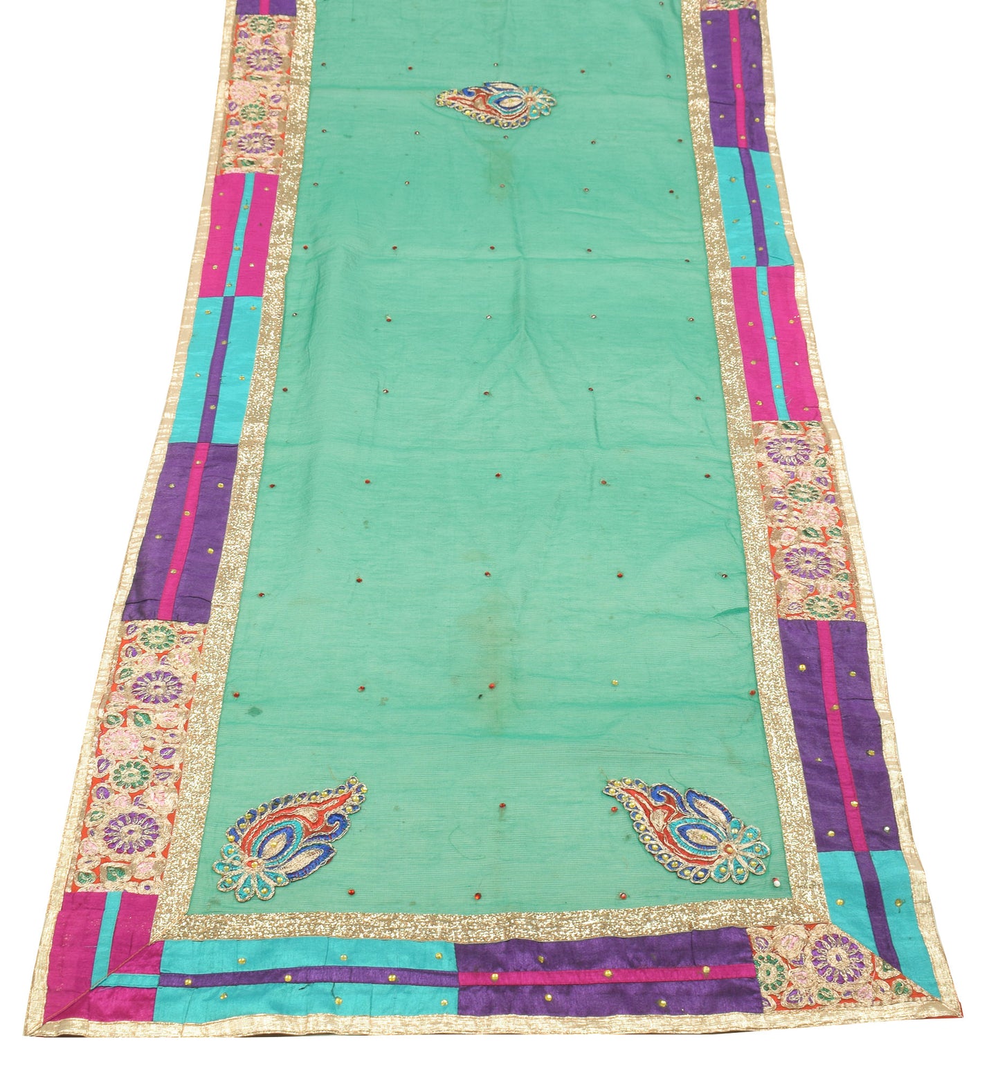 Sushila Vintage Green Art Silk Scrap Dupatta Applique & Patch Work Long Stole