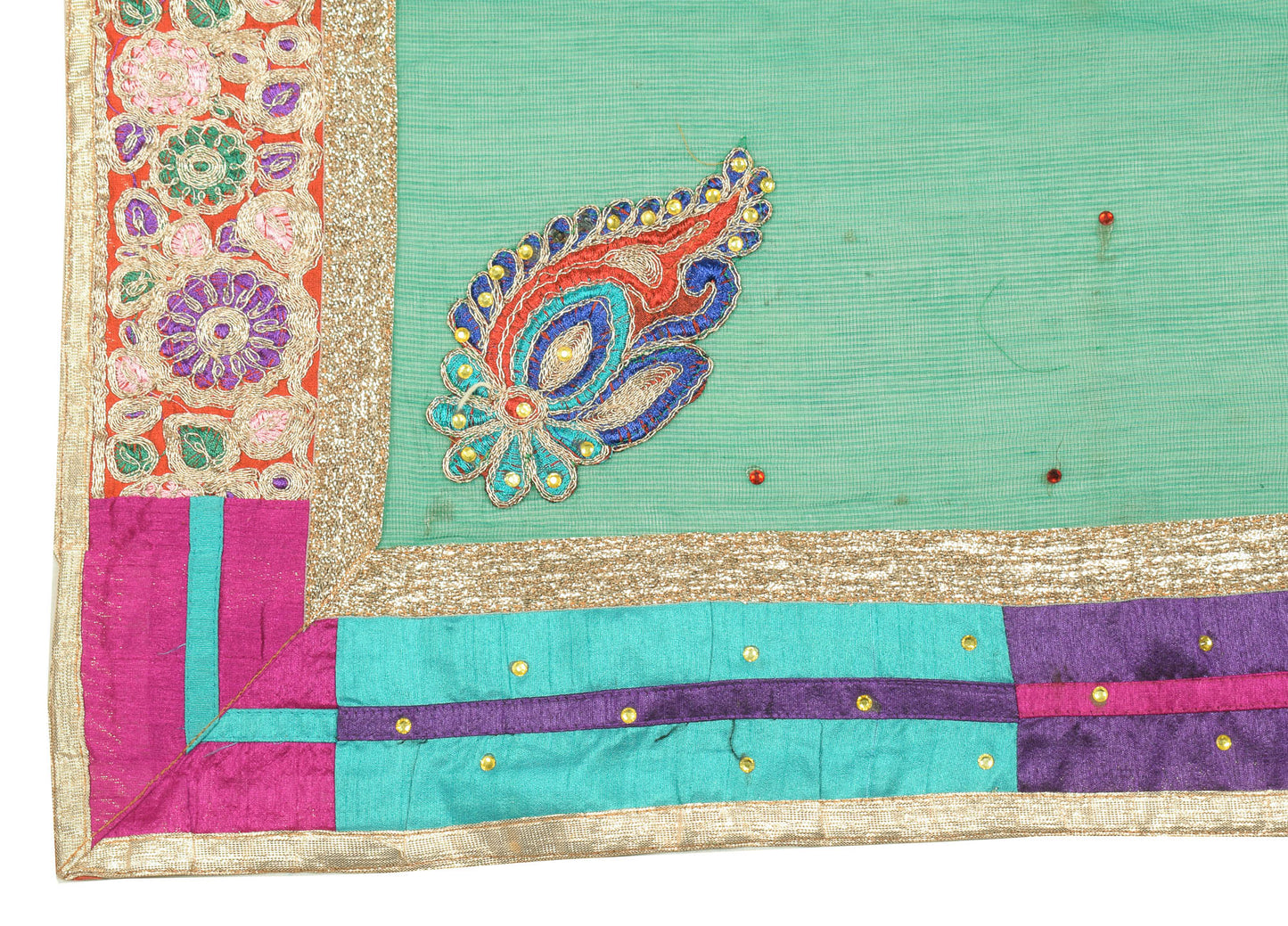 Sushila Vintage Green Art Silk Scrap Dupatta Applique & Patch Work Long Stole