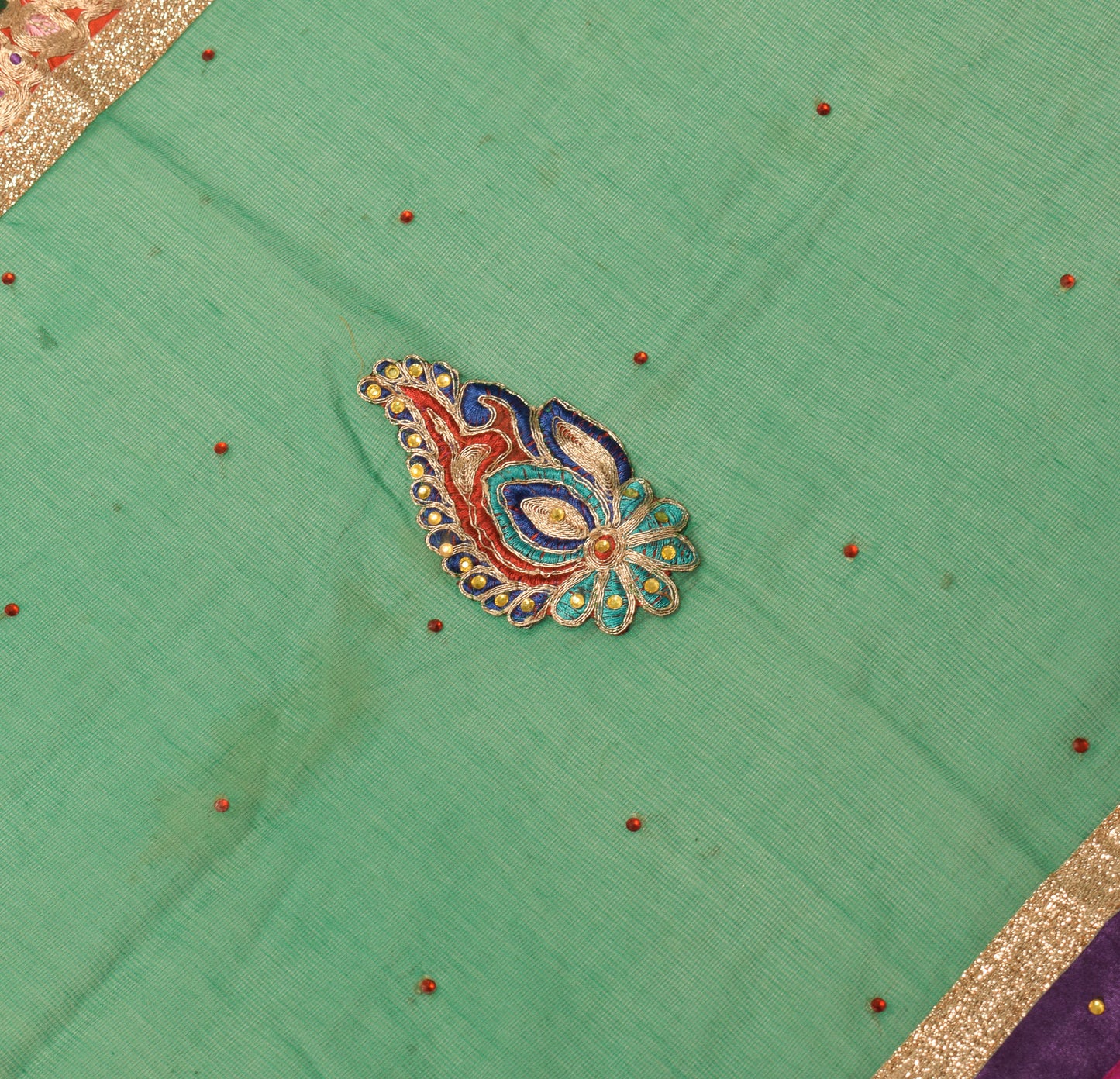 Sushila Vintage Green Art Silk Scrap Dupatta Applique & Patch Work Long Stole