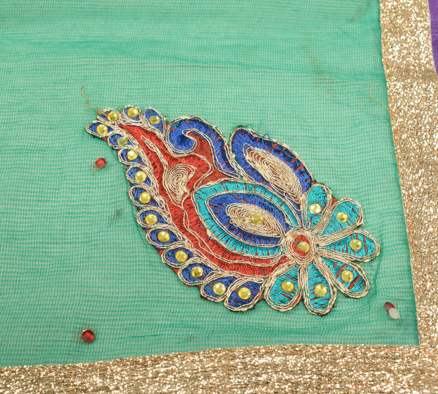Sushila Vintage Green Art Silk Scrap Dupatta Applique & Patch Work Long Stole