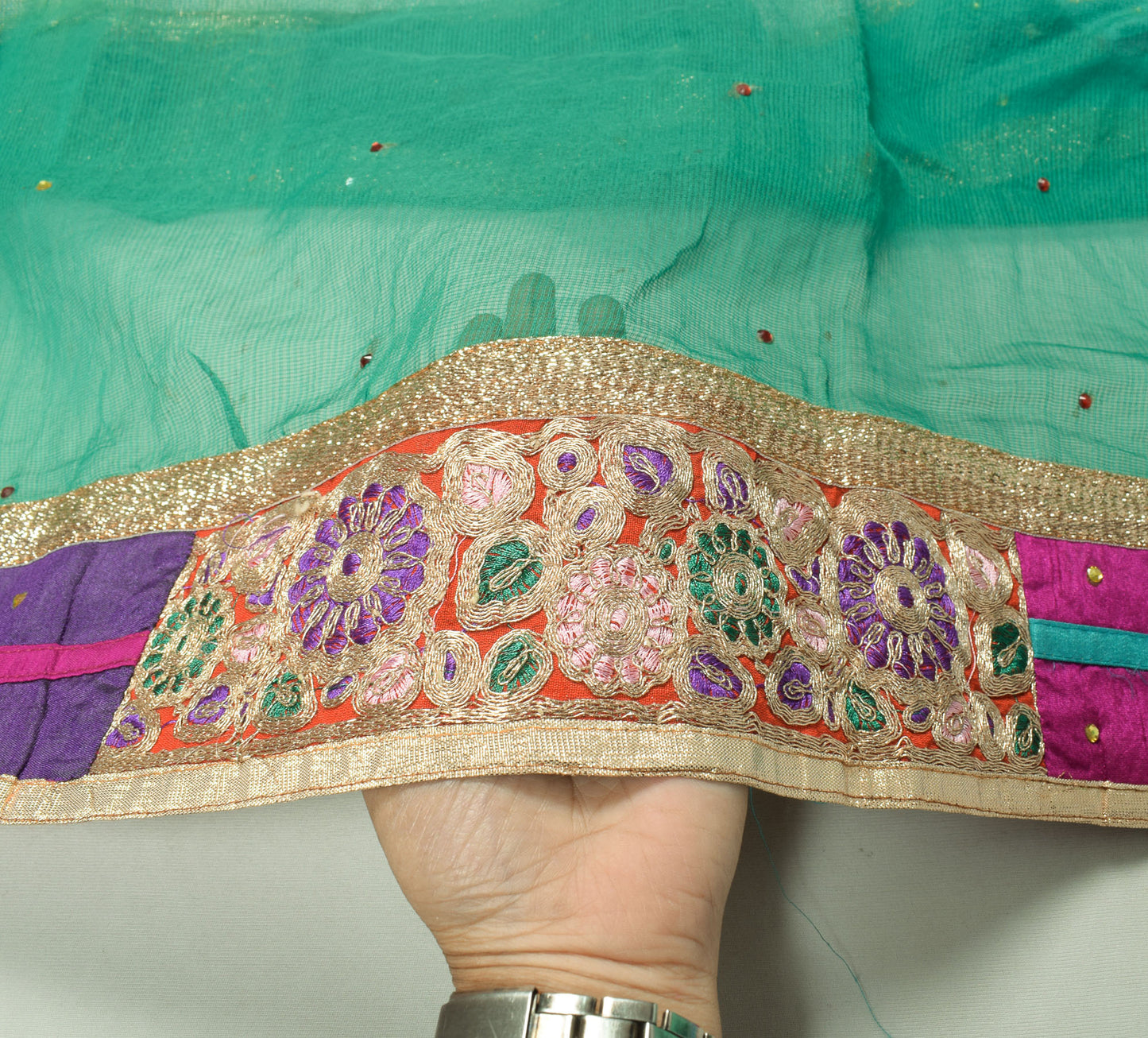 Sushila Vintage Green Art Silk Scrap Dupatta Applique & Patch Work Long Stole