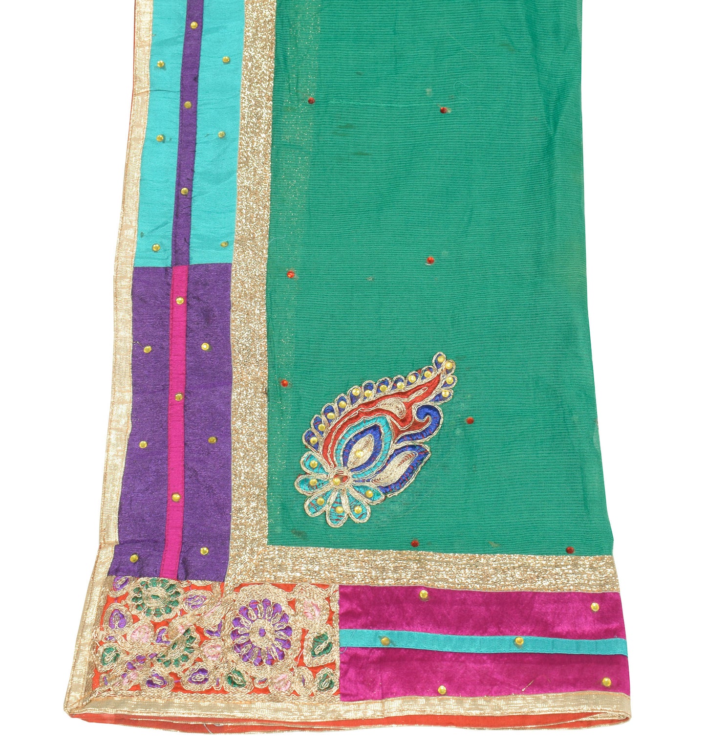 Sushila Vintage Green Art Silk Scrap Dupatta Applique & Patch Work Long Stole