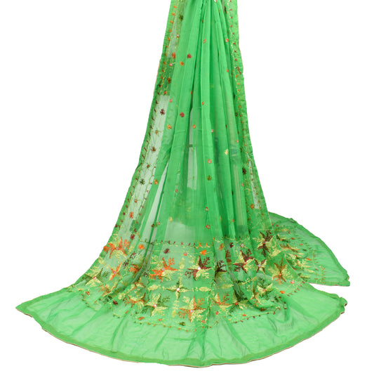 Sushila Vintage Green Bagh Phulkari Scrap Dupatta Pure Chiffon Long Stole