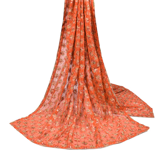 Sushila Vintage Orange Scrap Dupatta Bagh Phulkari Embroidered Art Chiffon Long Stole