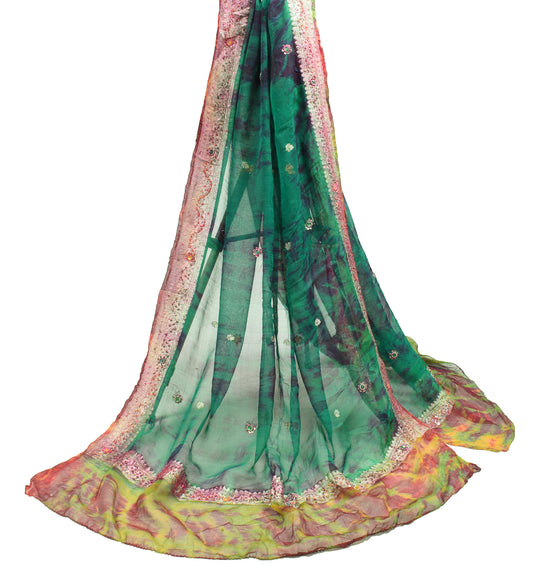Sushila Vintage Green Scrap Dupatta Tie-Dye Zari Brocade Pure Georgette Long Stole