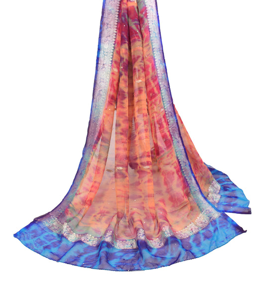 Sushila Vintage Multi-Color Scrap Dupatta Tie-Dye Pure Georgette Long Stole Wrap