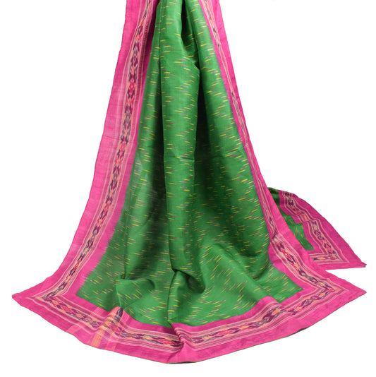 Sushila Vintage Green Scrap Dupatta Hand Woven Ikat Pure Silk Long Stole