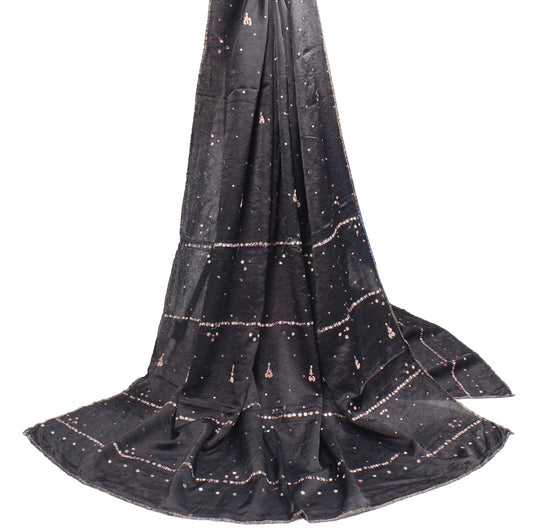 Sushila Vintage Black Scrap Dupatta Mirror Work Pure Satin Long Stole Wrap