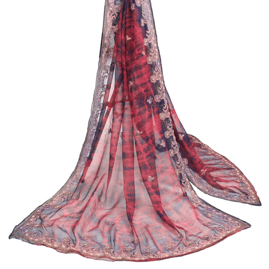 Sushila Vintage Tie-Dye Scrap Dupatta Pure Chiffon Embroidered Maroon Long Stole