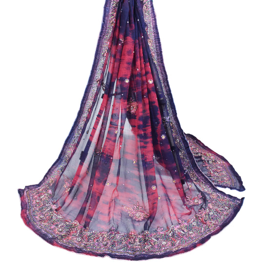 Sushila Vintage Maroon Scrap Dupatta Pure Chiffon Tie-Dye Craft Long Stole