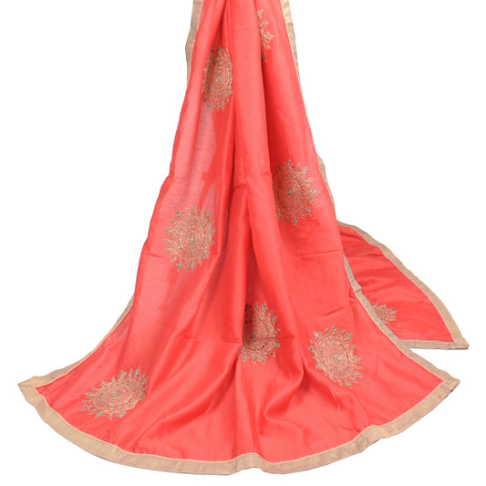 Sushila Vintage Red Scrap Dupatta Art Cotton Zari Embroidered Craft Long Stole
