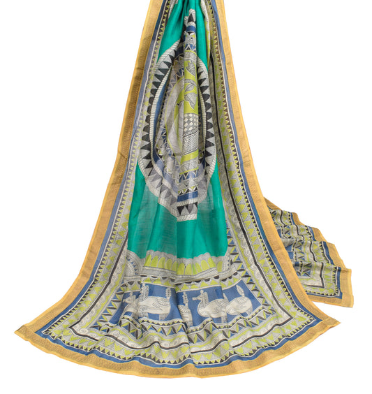 Sushila Vintage Teal Green Scrap Dupatta Madhubani Printed Pure Cotton Craft Long Stole
