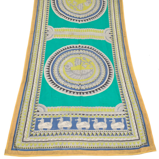 Sushila Vintage Teal Green Scrap Dupatta Madhubani Printed Pure Cotton Craft Long Stole