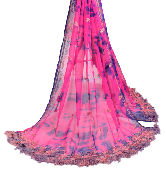 Sushila Vintage Magenta Scrap Dupatta Pure Chiffon Tie-Dye Craft Long Stole Wrap