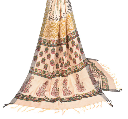 Sushila Vintage Pure Woolen Scrap Dupatta Beige Floral Craft Long Stole