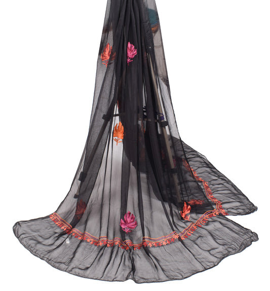 Sushila Vintage Kashmiri Embroidered Scrap Dupatta Pure Chiffon Black Craft Long Stole