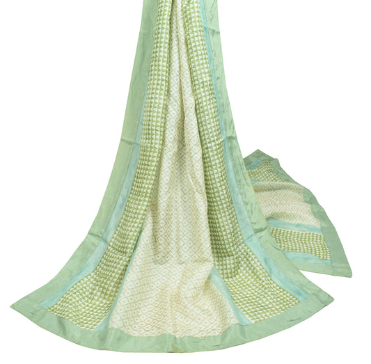 Sushila Vintage Cream Scrap Dupatta Pure Tussar Block Print Craft Long Stole