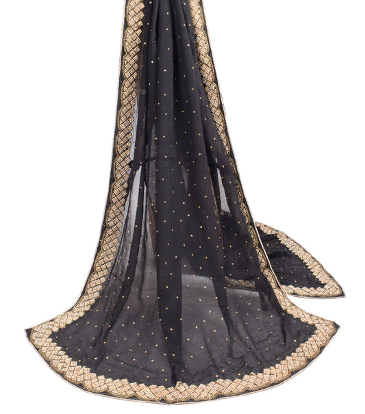 Sushila Vintage Black Scrap Dupatta Pure Chiffon Stone Work Craft Long Stole