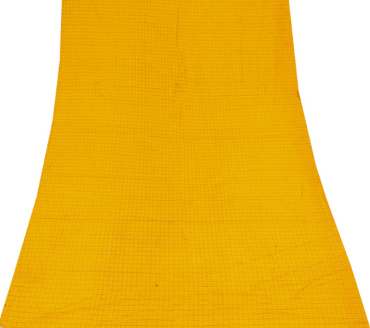 Sushila Vintage Yellow Checks Sari Remnant Scrap Pure Silk Hand Woven Soft Craft Fabric
