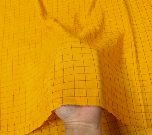 Sushila Vintage Yellow Checks Sari Remnant Scrap Pure Silk Hand Woven Soft Craft Fabric