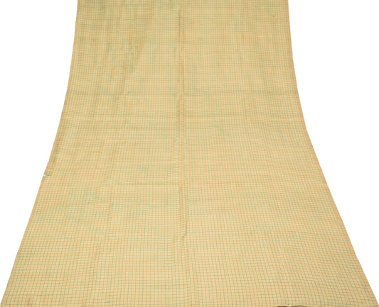 Sushila Vintage Beige Sari Remnant Scrap Pure Silk Checks Woven Craft Fabric