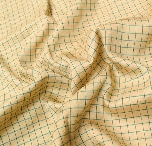 Sushila Vintage Beige Sari Remnant Scrap Pure Silk Checks Woven Craft Fabric
