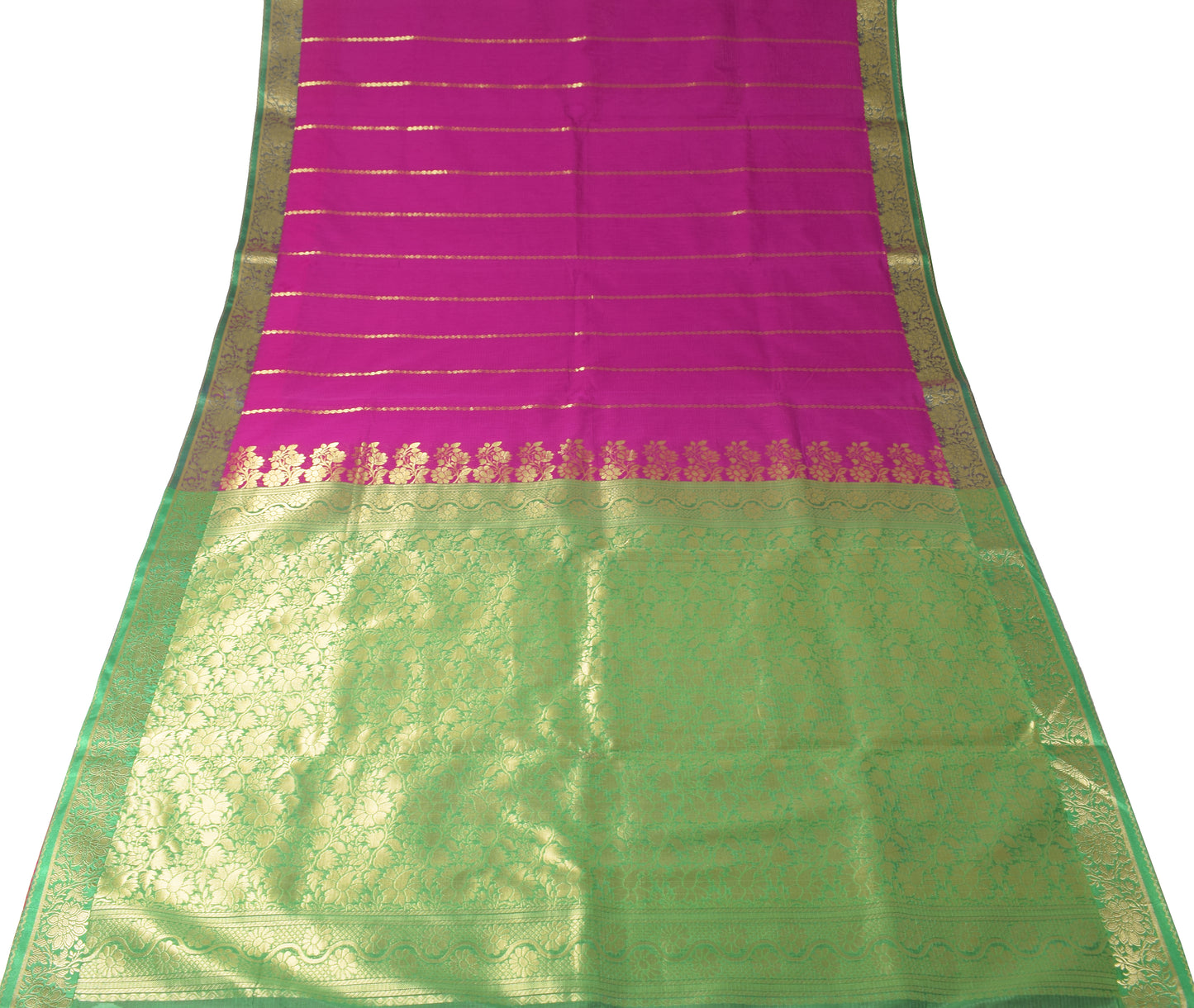 Sushila Vintage Purple Saree Green Border Pallu Banarasi Brocade Art Silk Sari Craft fabric