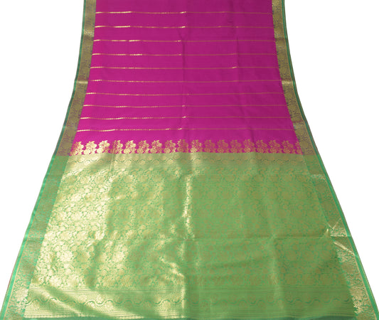 Sushila Vintage Purple Saree Green Border Pallu Banarasi Brocade Art Silk Sari Craft fabric