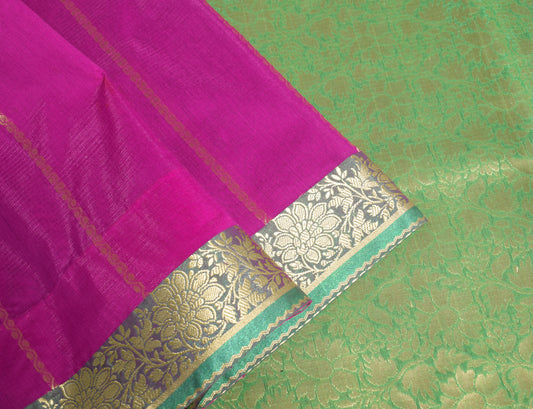 Sushila Vintage Purple Saree Green Border Pallu Banarasi Brocade Art Silk Sari Craft fabric