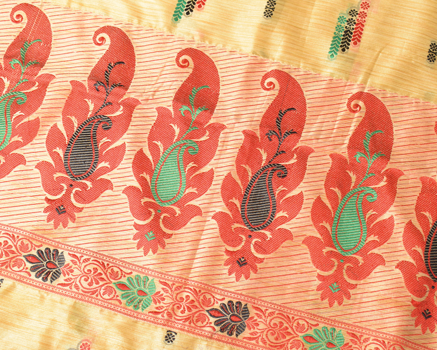 Sushila Vintage Cream Saree Indian Art Silk Hand Woven Paisley Craft Sari 6YD Fabric