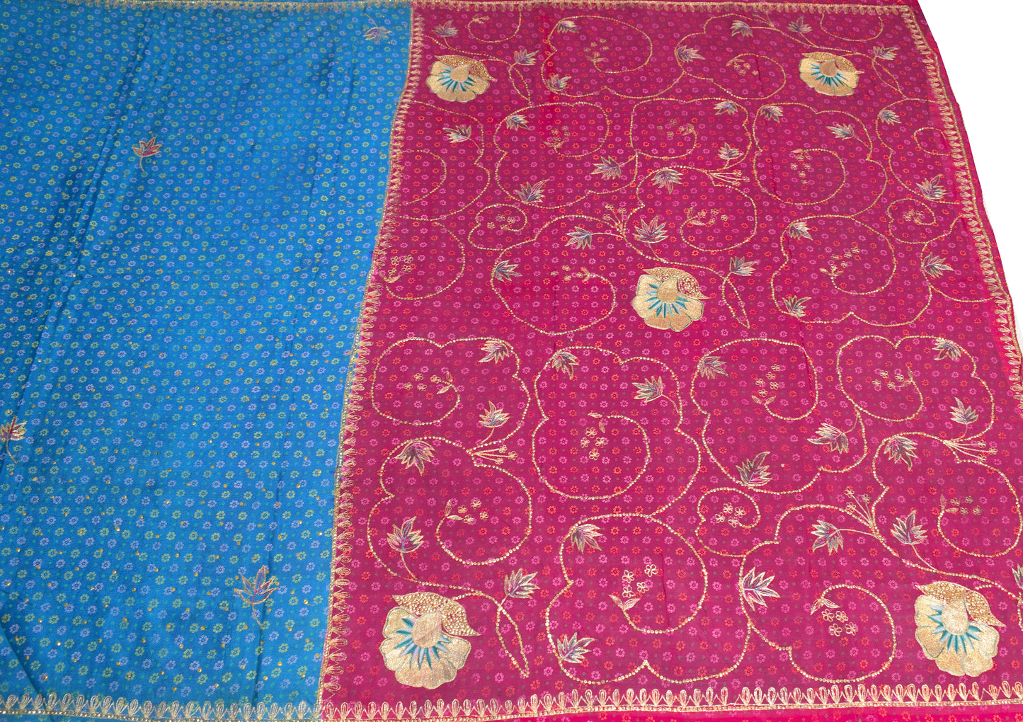 Sushila Vintage Blue Magenta Saree 100% Pure Silk Printed Embroidered Craft Sari Fabric