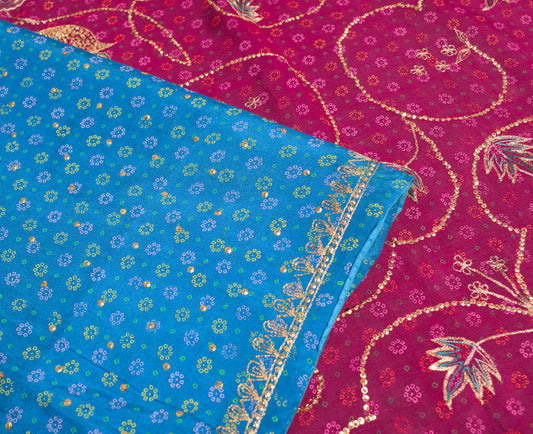 Sushila Vintage Blue Magenta Saree 100% Pure Silk Printed Embroidered Craft Sari Fabric