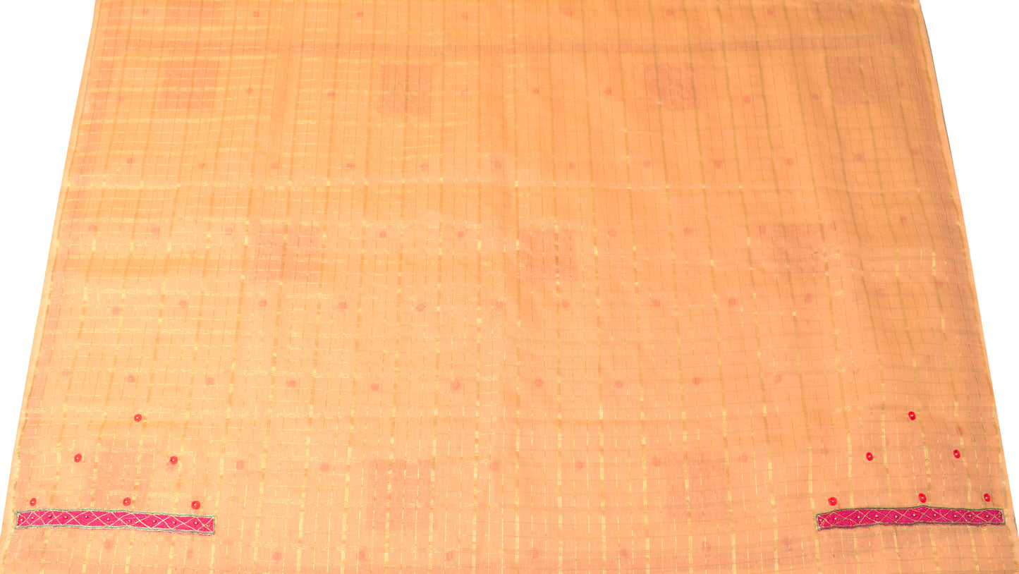 Sushila Vintage Peach Zari Woven Saree Bandhani Patch Work Pure Cotton Silk Sari with Blouse Fabric