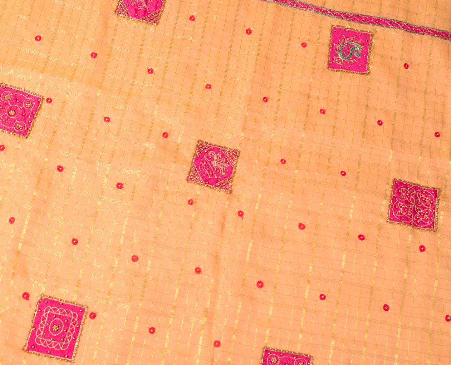 Sushila Vintage Peach Zari Woven Saree Bandhani Patch Work Pure Cotton Silk Sari with Blouse Fabric