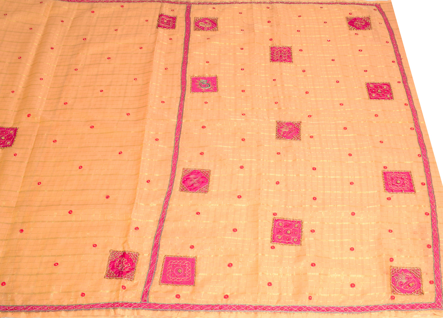 Sushila Vintage Peach Zari Woven Saree Bandhani Patch Work Pure Cotton Silk Sari with Blouse Fabric