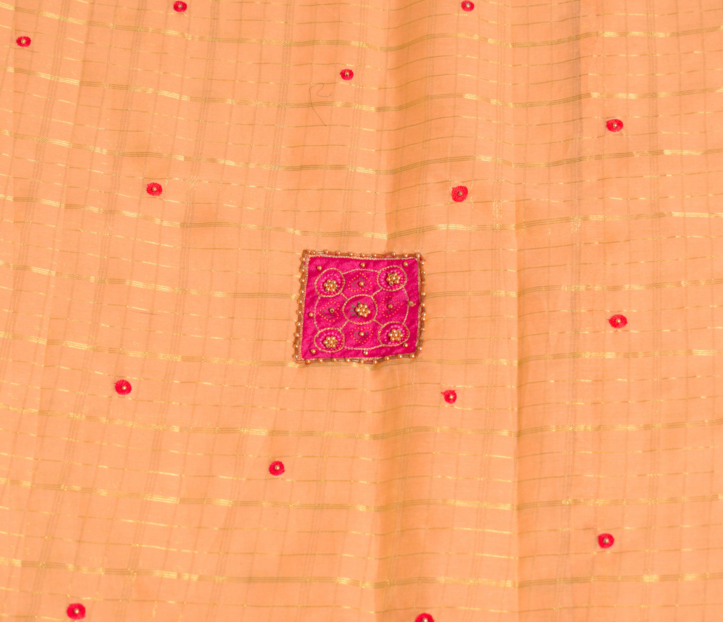 Sushila Vintage Peach Zari Woven Saree Bandhani Patch Work Pure Cotton Silk Sari with Blouse Fabric